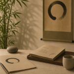 Elementi editoriali e materiali dedicati alla diffusione dello Shiatsu in un ambiente minimalista giapponese dai colori caldi e rilassanti.