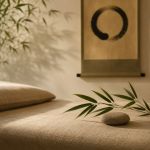Ambiente Shiatsu essenziale e contemplativo con elementi naturali e simbolo Enso giapponese che rappresentano ascolto, presenza e pratica professionale.