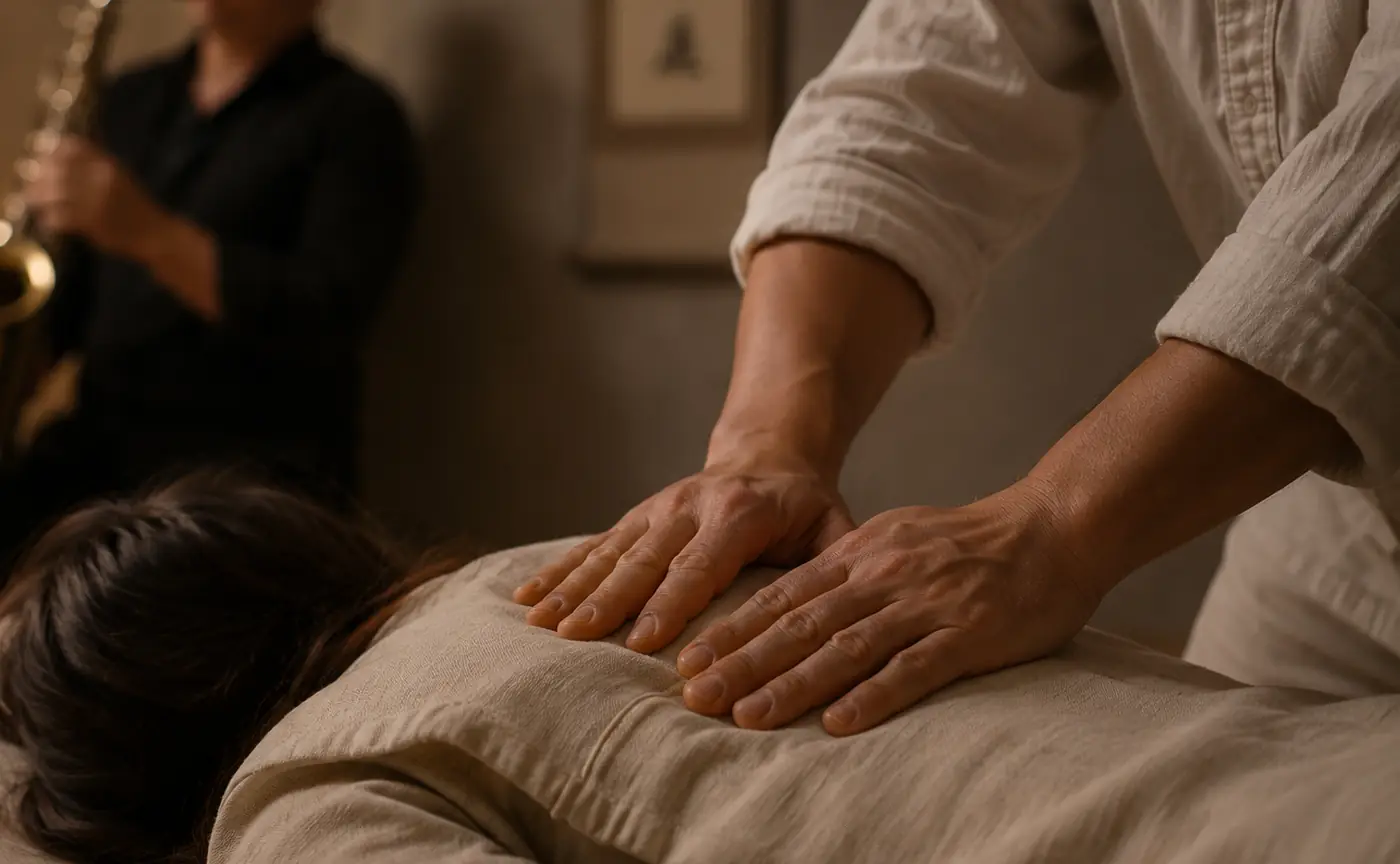 Mani in ascolto durante un trattamento Shiatsu