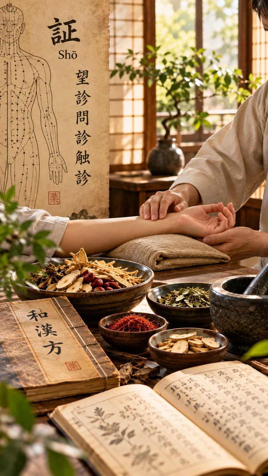 Le caratteristiche della Medicina Kanpō: lo Shō, l'osservazione e le formule tradizionali Illustrazione della Medicina Kanpō giapponese con un praticante che esamina il polso di una persona, circondato da antichi testi medici, erbe medicinali e formule tradizionali. Sullo sfondo, un diagramma del corpo umano richiama il principio dello Shō e l'osservazione complessiva della persona.