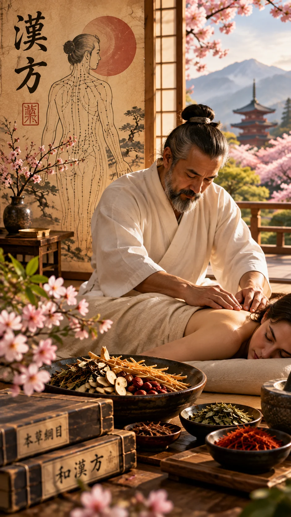 Operatore Shiatsu durante un trattamento in un ambiente tradizionale giapponese, circondato da erbe medicinali, antichi testi Kanpō e diagrammi del corpo umano. Sullo sfondo, un tempio e i ciliegi in fiore richiamano le radici culturali delle due discipline. Operatore Shiatsu durante un trattamento in un ambiente tradizionale giapponese, circondato da erbe medicinali, antichi testi Kanpō e diagrammi del corpo umano. Sullo sfondo, un tempio e i ciliegi in fiore richiamano le radici culturali delle due discipline.