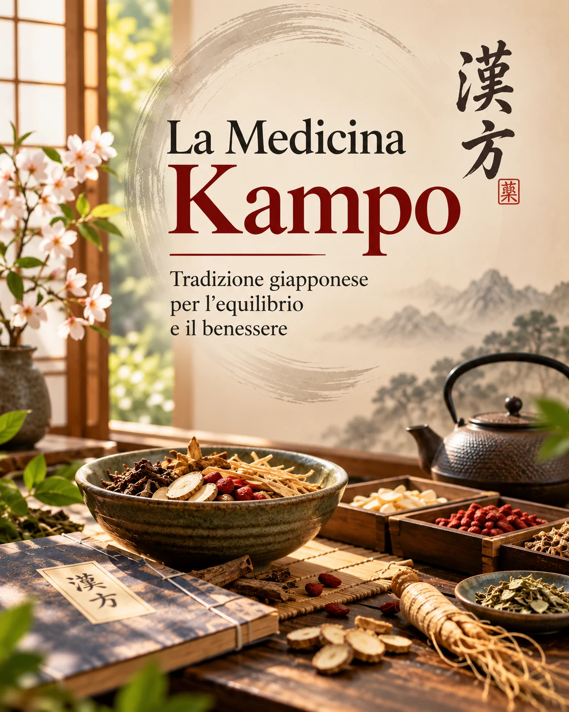 La Medicina Kampo: tradizione erboristica giapponese Erbe medicinali, radici e preparazioni tradizionali della Medicina Kampo disposte su un tavolo giapponese, con teiera, fiori di ciliegio e ideogrammi sullo sfon