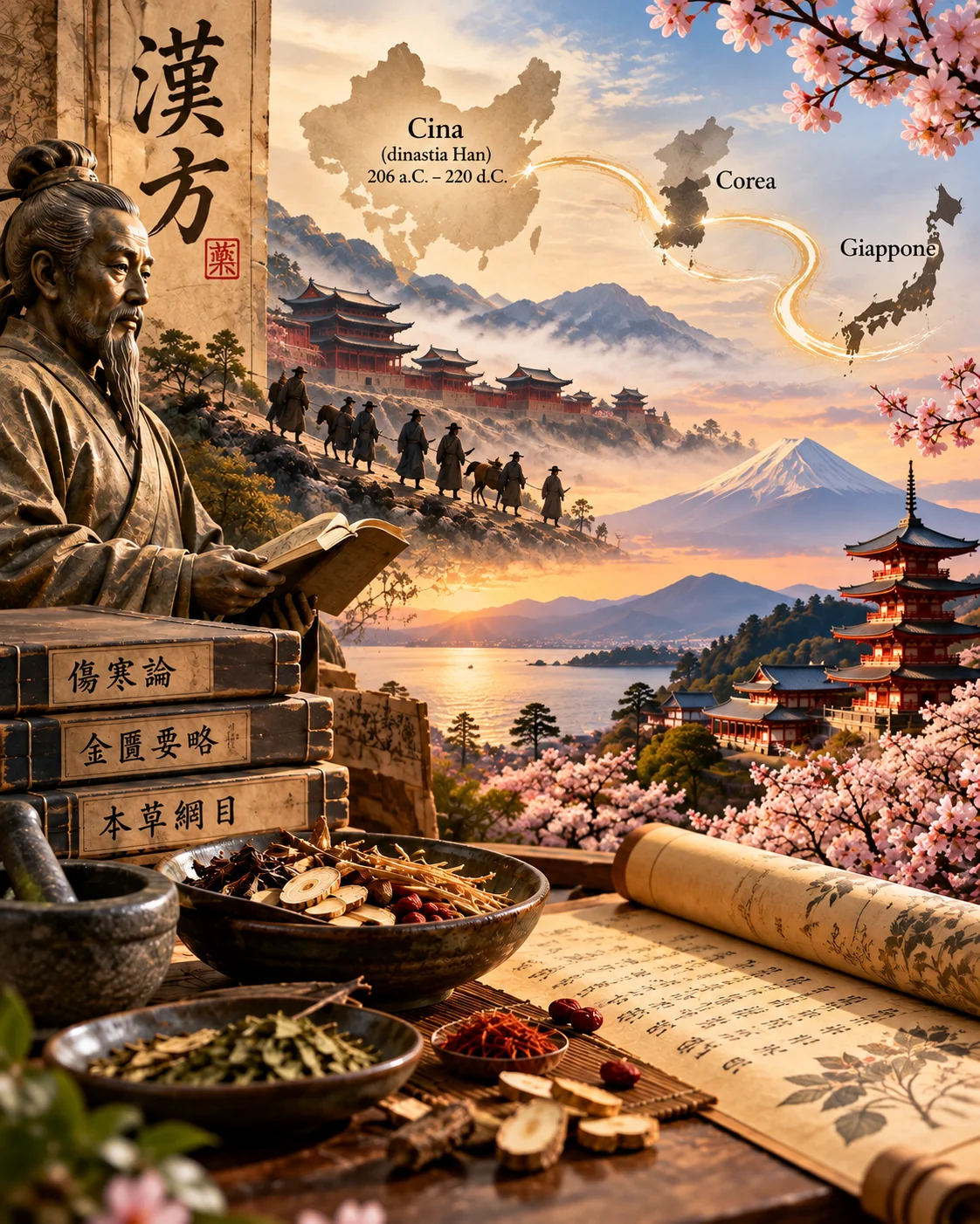 Le origini della Medicina Kanpō: dalla Cina al Giappone attraverso la Corea Illustrazione storica della diffusione della Medicina Kanpō dalla Cina della dinastia Han al Giappone attraverso la Corea, con antichi testi medici, erbe medicinali, studiosi, templi e una mappa dei percorsi culturali dell’Asia orientale.
